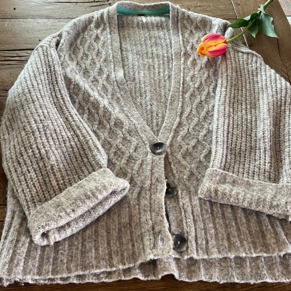 Free People Chunky Cable Knit Boyfriend Cardigan in Light Beige